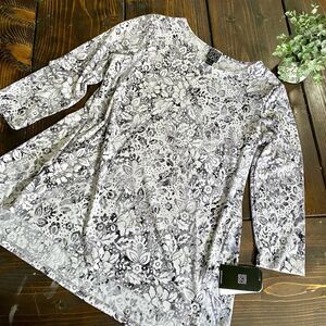 CLARA SUN WOO Womens Gray White Floral Textured Tunic 3/4 Sleeve NWT Small